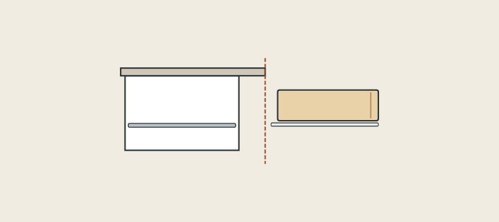 Illustration: a vanity in side section with its drawer pulled out past the edge of an overhanging top