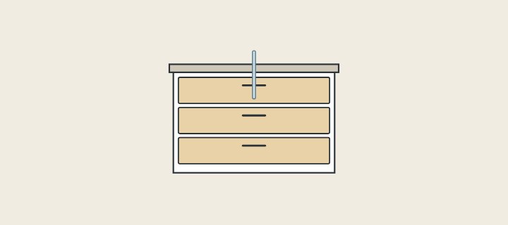 Illustration: a three-drawer vanity front with a supply pipe entering from above