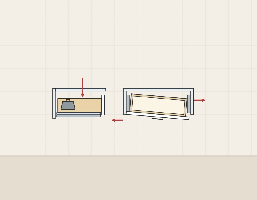 Illustration of a drawer with a weight pressing down beside a wide drawer seen from above turned slightly out of square