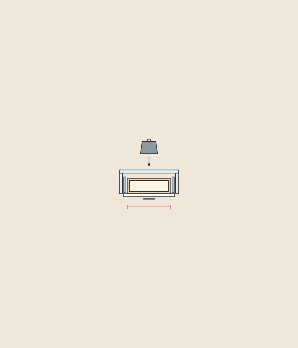 Illustration of a weight above a wide, shallow drawer seen from above between two runners, with its width marked