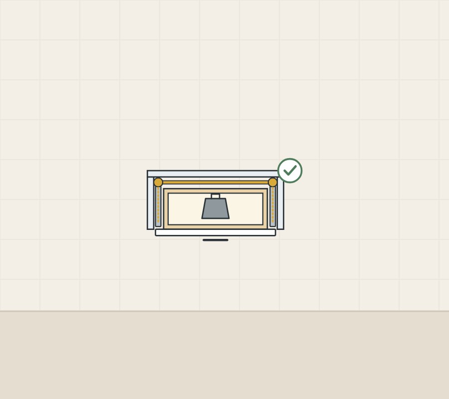 Illustration of a wide drawer seen from above with a weight inside and a rod across the back, with a tick