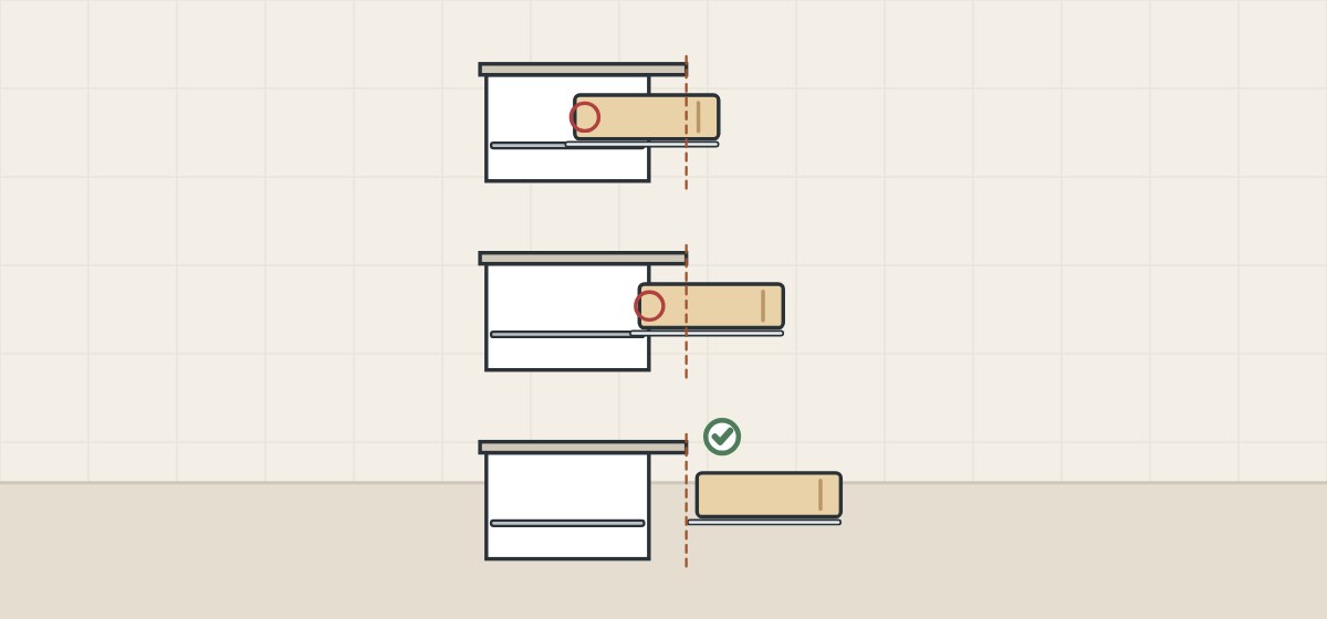 Illustration of three vanity sections comparing 3/4, full and over-travel drawer positions under a top
