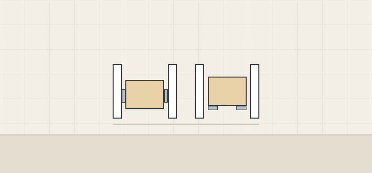Illustration of a drawer on side-mount slides beside a drawer on concealed undermount runners, in front section