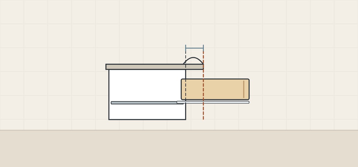 Illustration of a vanity side section with a dimension from the cabinet front to the top edge