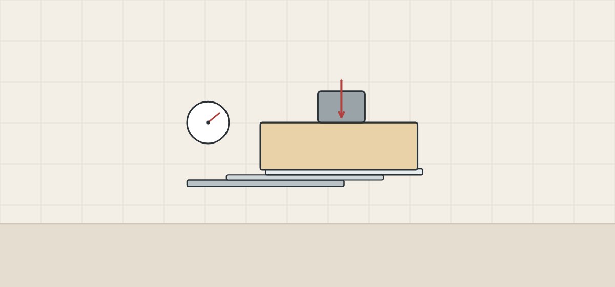 Illustration of an extended slide carrying a weighted drawer beside a gauge