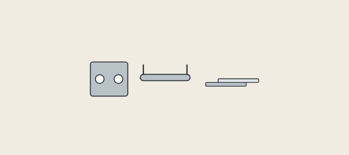 Illustration: vanity hardware: a hinge plate, a handle and a drawer slide