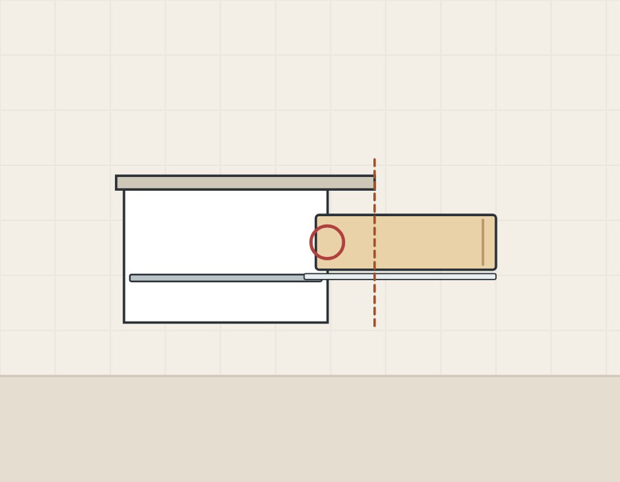 Illustration of a vanity side section with the drawer at full extension, its rear still under the overhanging top