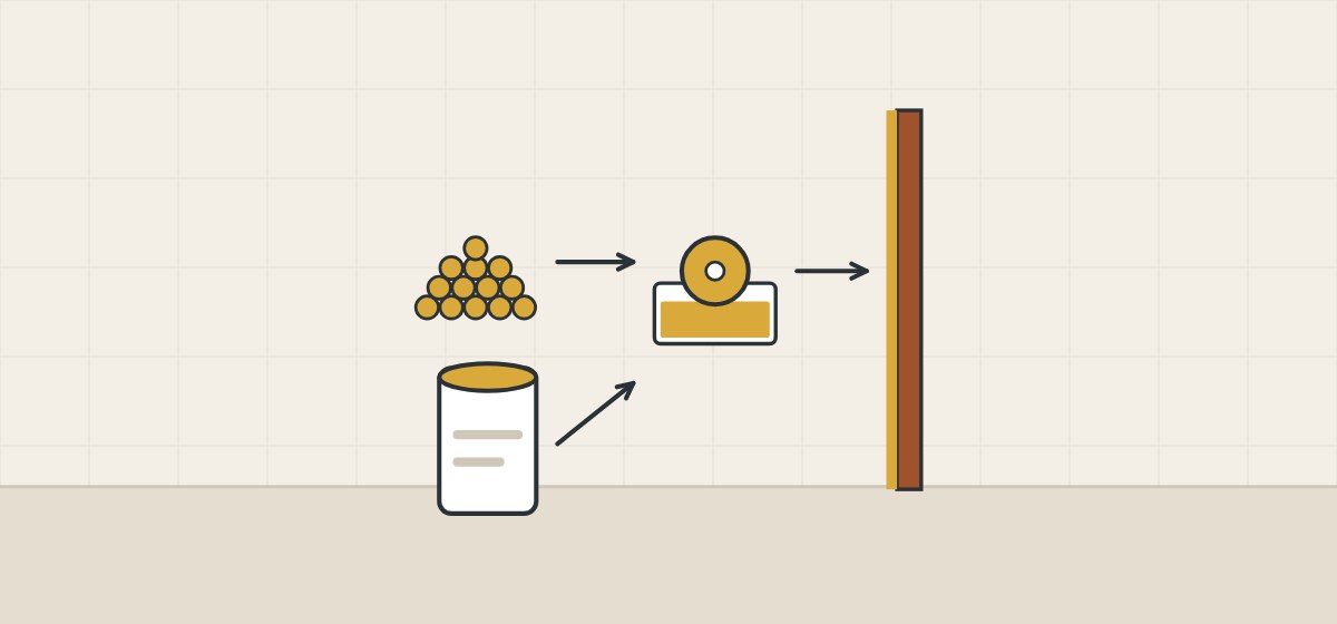 Illustration of adhesive granules and an adhesive cartridge feeding a glue pot with a roller that coats the back of an edge strip