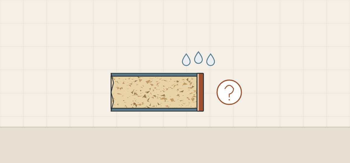 Illustration of a board section with an edge strip and no visible adhesive line, with water drops above it and a question mark