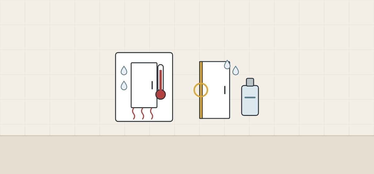 Illustration of a cabinet door in a warm humid box beside a cabinet door with one edge marked, a bottle and drops