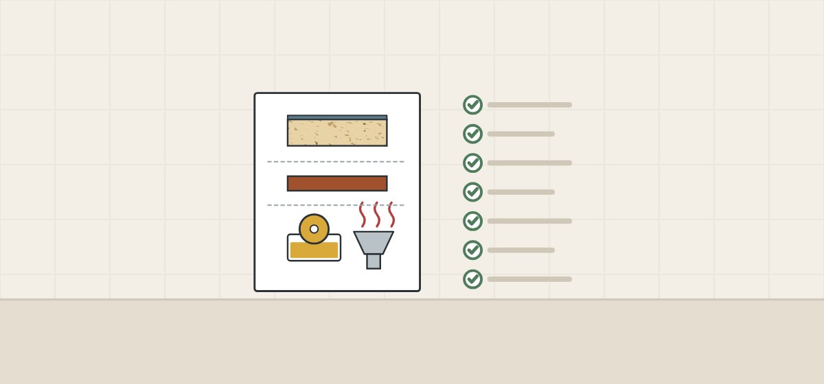 Illustration of a sheet showing a board, an edge strip and two bonding devices beside a checklist of seven checked lines