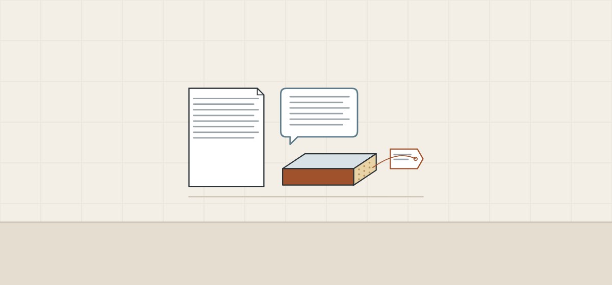 Illustration of a document, a message bubble and a tagged edged board sample