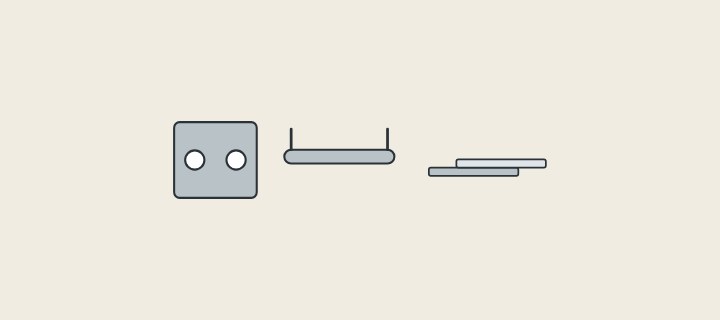 Illustration: vanity hardware: a hinge plate, a handle and a drawer slide
