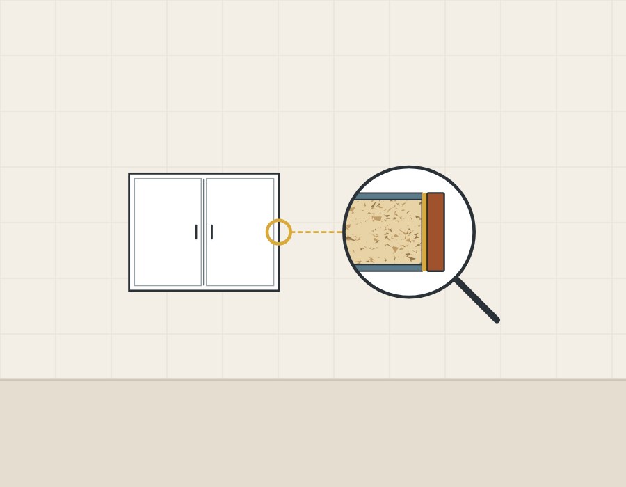 Illustration of a cabinet front with a magnifier showing the board, an adhesive line and the edge strip