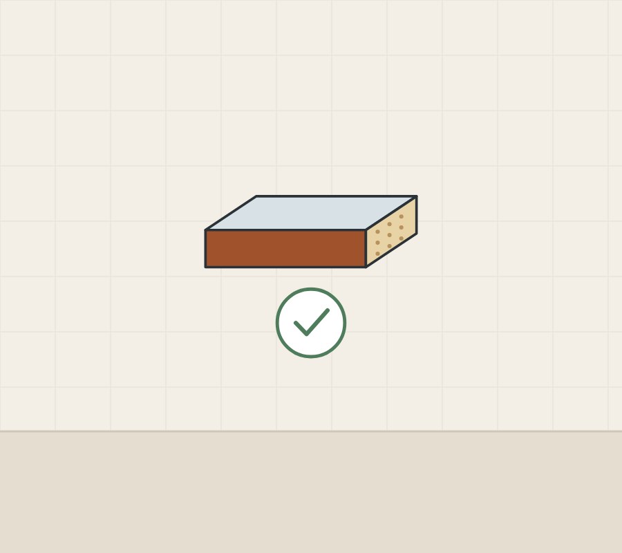 Illustration of a short edged board sample with its cut end visible and a check mark