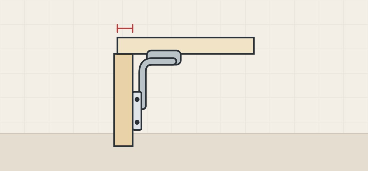 Illustration of a door on a cabinet side seen from above, with a hinge cup, an arm, a mounting plate and a bracket over the overlay