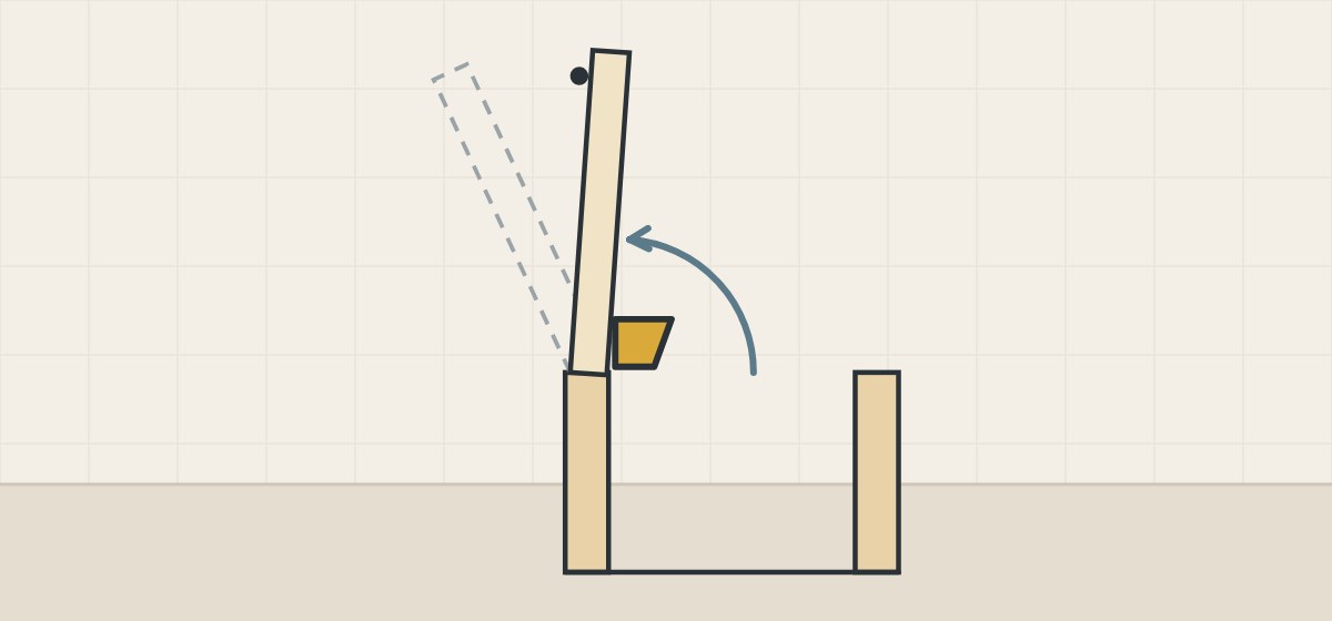 Illustration of a door held near a right angle by a small stop at the hinge, with a dashed outline of the wider position