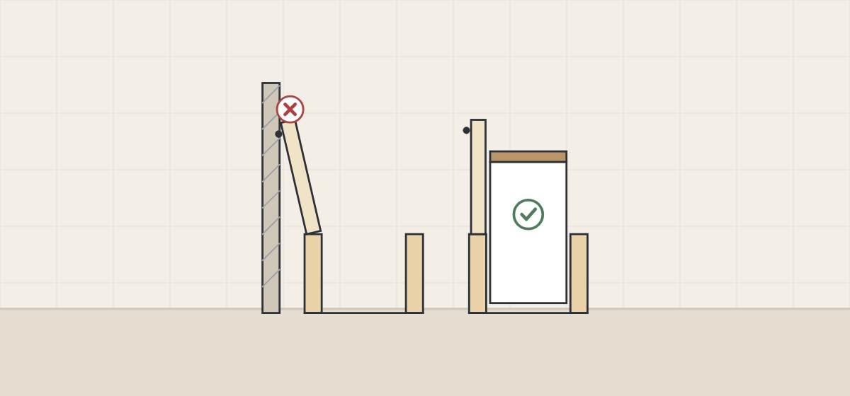 Illustration of an open door touching a wall beside one cabinet, and an inner drawer pulled out past the open door of another