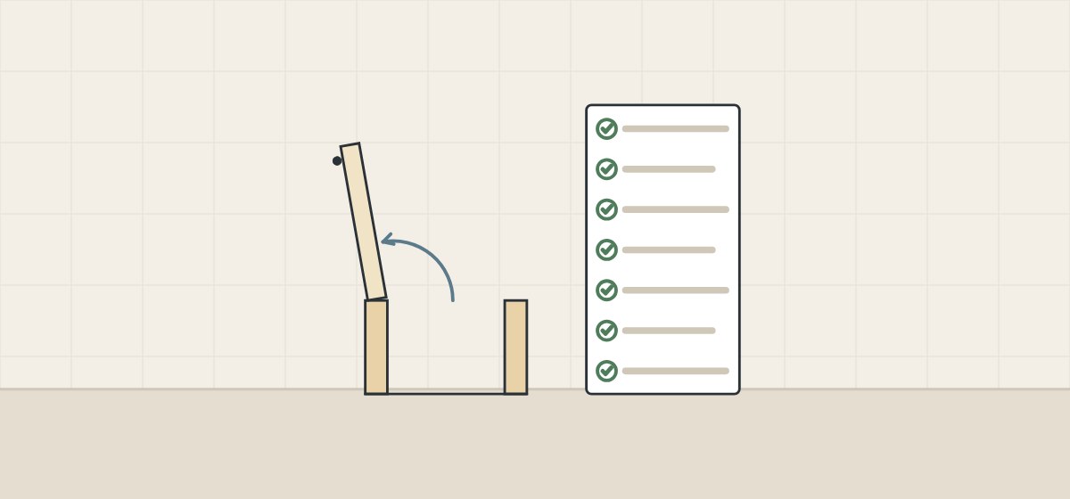 Illustration of an open cabinet door in plan beside a checklist of seven ticked lines