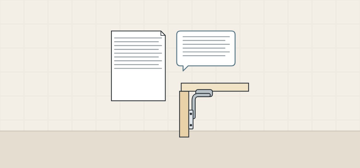Illustration of a document, a message bubble and a door on a concealed hinge seen from above