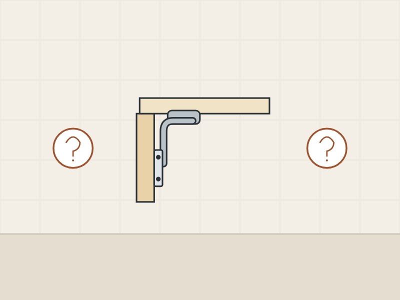 Illustration of a door on a concealed hinge seen from above, between two question marks