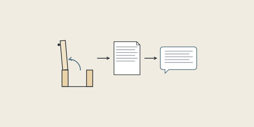 Illustration of an open-door plan, a document and a message bubble linked by arrows