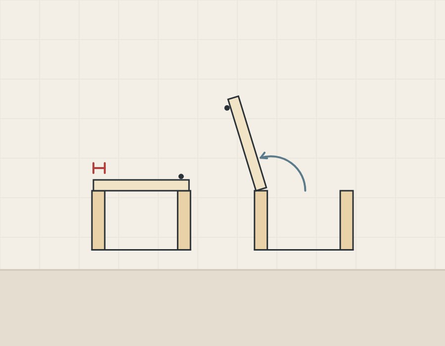 Illustration of a closed cabinet door with a bracket over the covered side edge, beside the same door swung open with an arc
