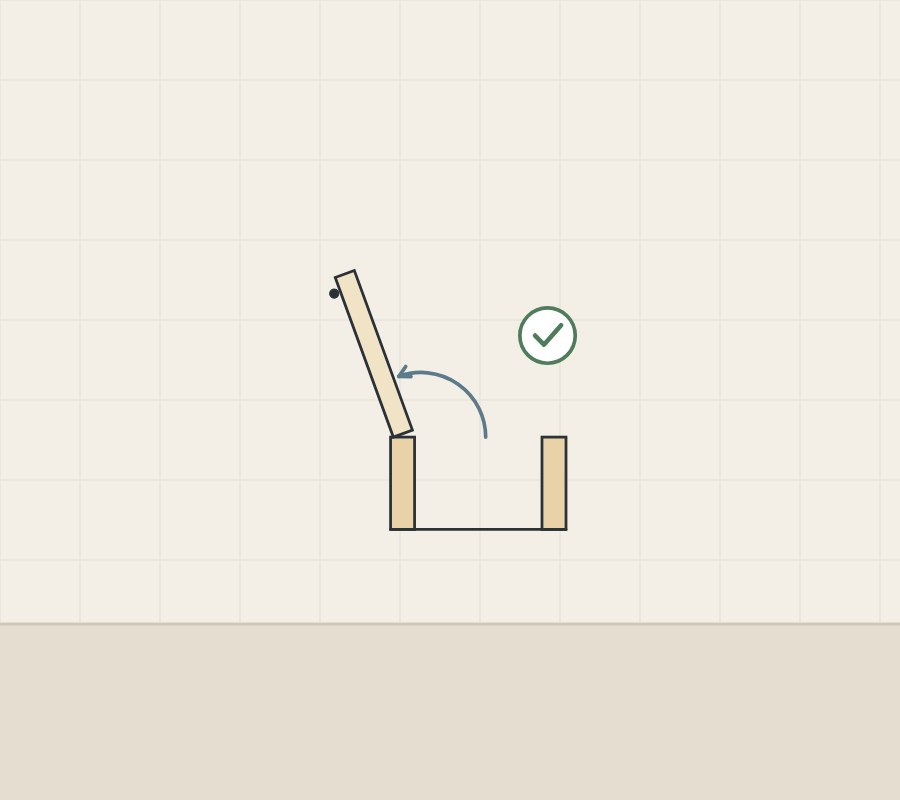 Illustration of a cabinet door swung open with an arc, and a tick