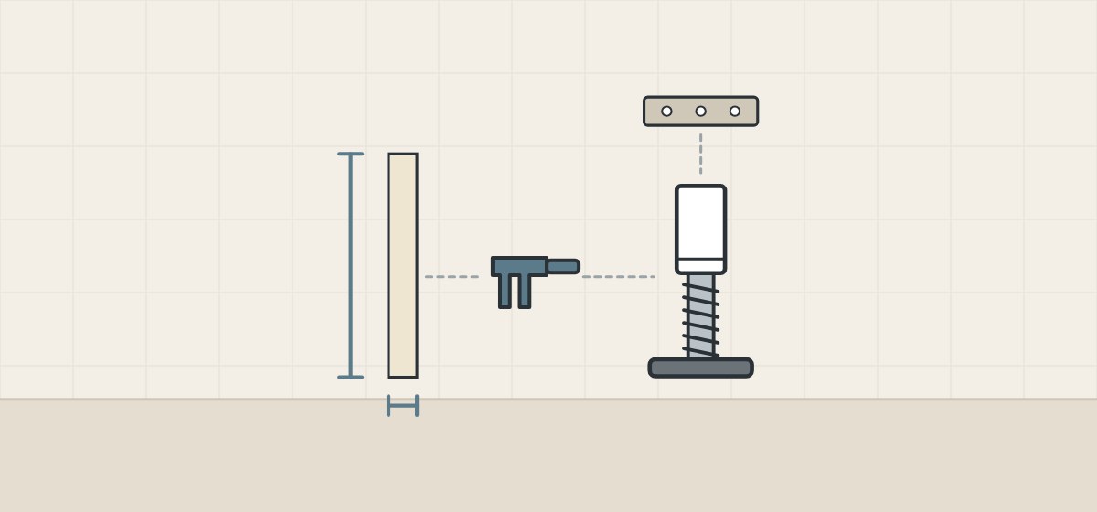 Illustration of a fixing block above a leveling leg with a plinth clip and a plinth panel beside it