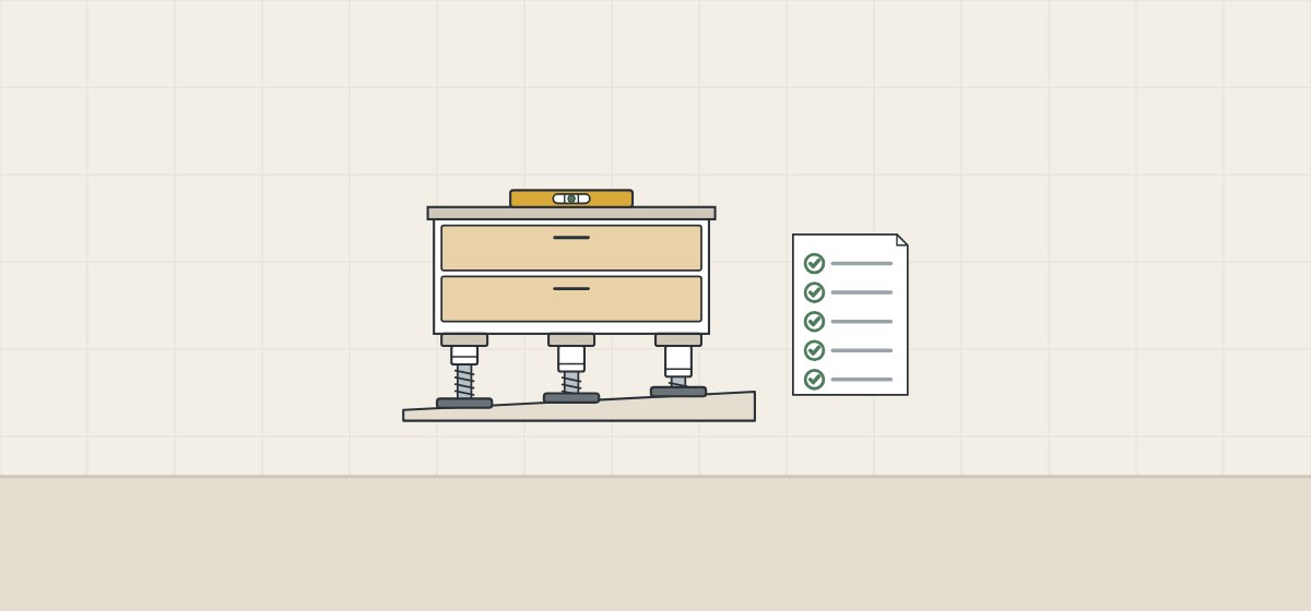 Illustration of a vanity leveled on three feet of different heights on a sloping floor beside a checked list