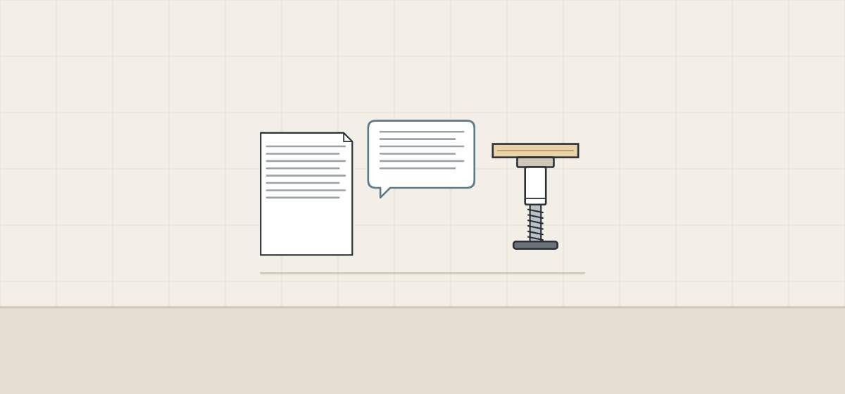 Illustration of a document, a message bubble and a leveling foot