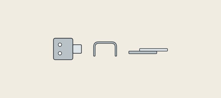 Illustration: a hinge plate, a handle and a drawer slide