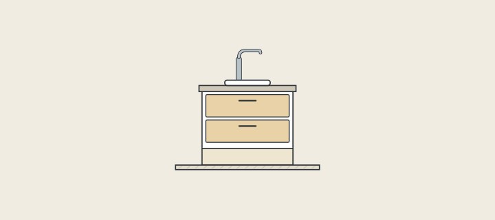 Illustration: a floor-standing vanity with a basin and faucet on a plinth