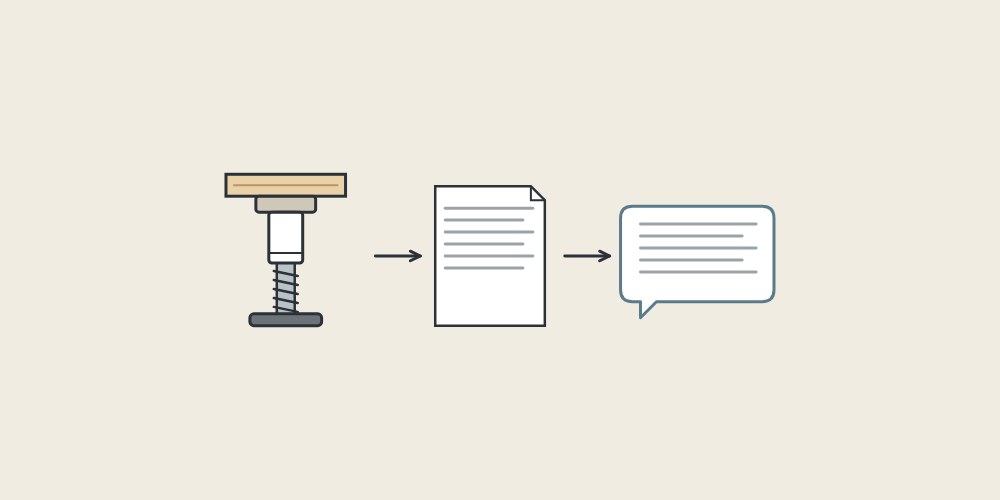 Illustration of a leveling foot, a document and a message bubble linked by arrows