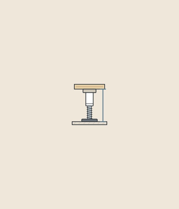 Illustration of a leveling foot between a cabinet bottom panel and the floor with a bracket marking its height