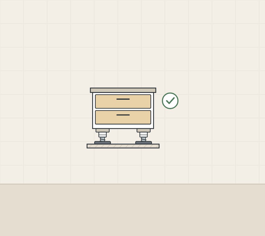 Illustration of a vanity standing on leveling feet with a check mark
