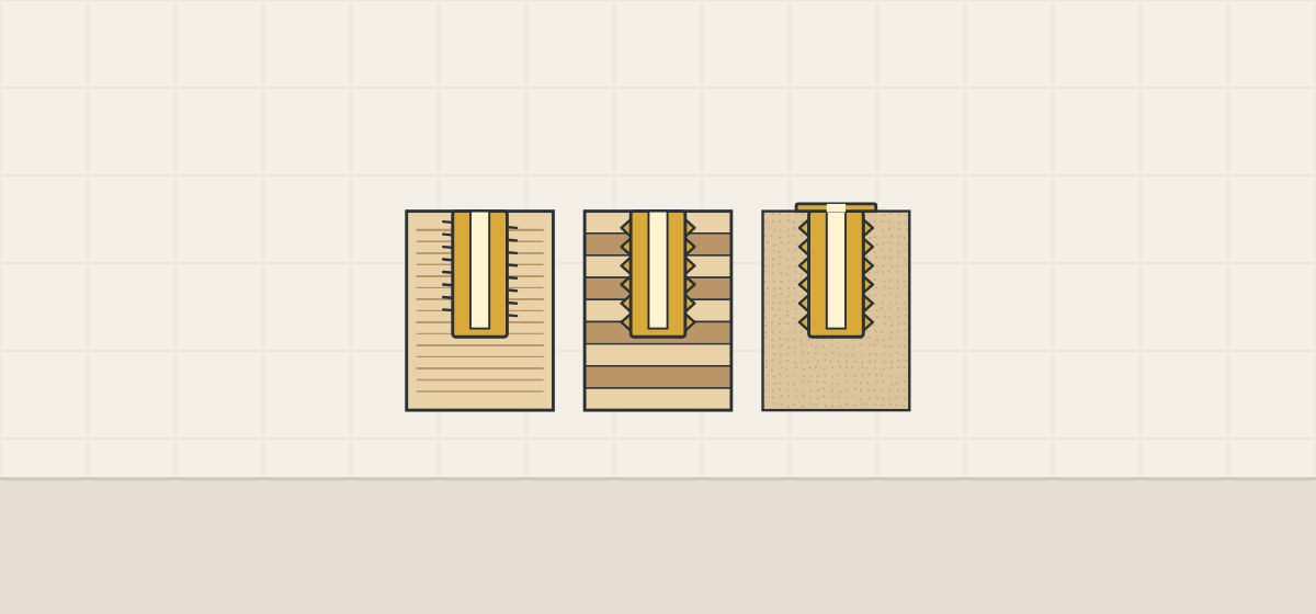 Illustration of a fine-threaded insert in solid wood, a coarse-toothed insert in plywood and a flanged insert in fiberboard