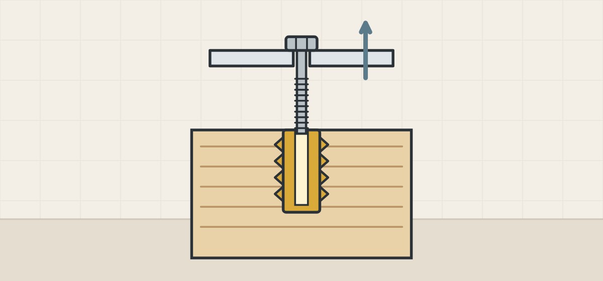 Illustration of a machine bolt and fitting plate lifted away from a threaded insert that stays in the board