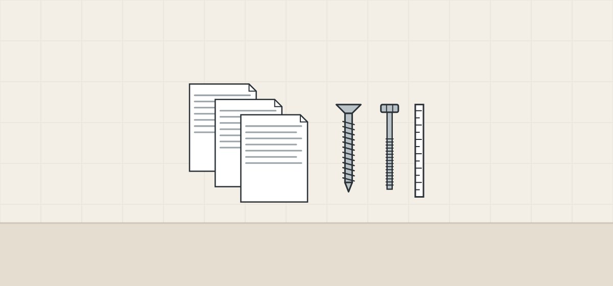 Illustration of three stacked documents beside a wood screw, a machine bolt and a measuring rule