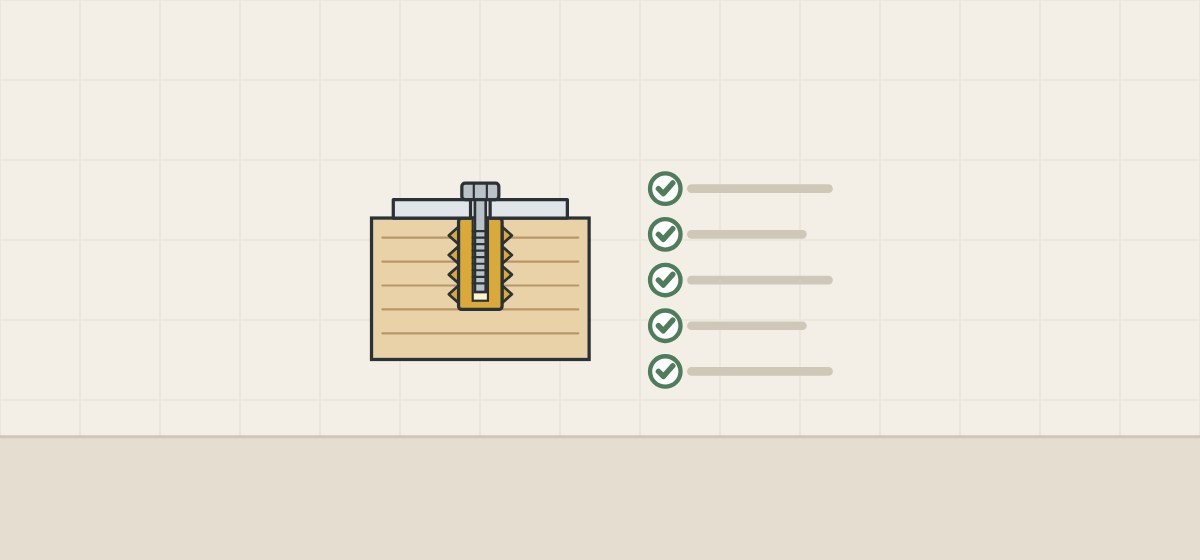 Illustration of a plate bolted into a threaded insert in a board beside a checked list