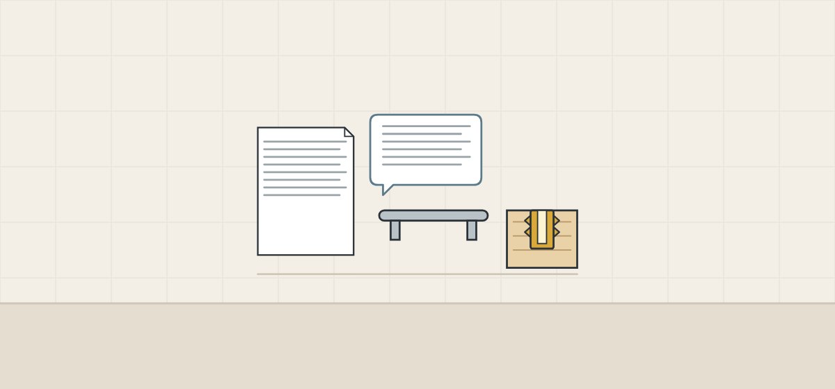 Illustration of a document, a message bubble, a bar handle and a board with a threaded insert