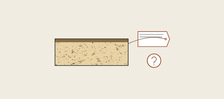 Illustration: a faced board seen on its cut edge with a label tag and a question mark