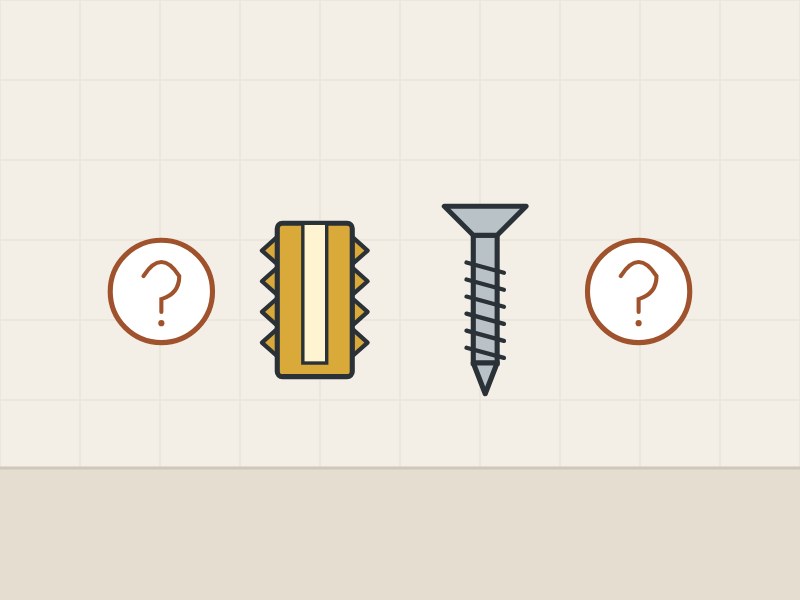 Illustration of a threaded insert and a wood screw between two question marks