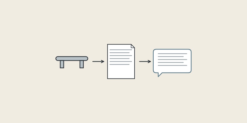 Illustration of a bar handle, a document and a message bubble linked by arrows