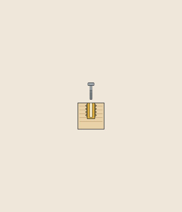 Illustration of a board in section with a threaded insert set in it and a machine bolt above