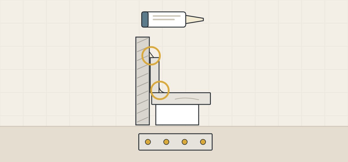 Illustration of a backsplash section with its two joints circled, a sealant cartridge and the back of a strip with adhesive dabs as LX Hausys describes
