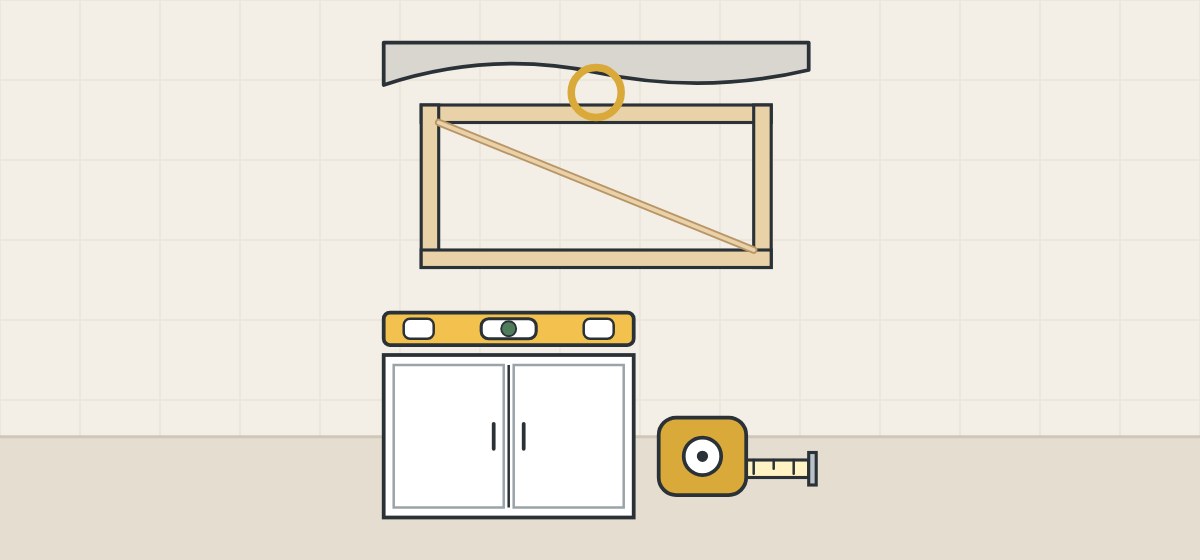 Illustration of a template frame against a wall that is not straight, with the largest gap circled, above a cabinet with a level and a tape measure