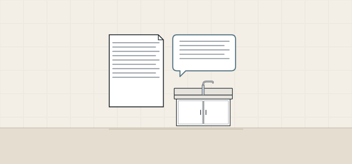Illustration of a document, a message bubble and a front view of a vanity with a backsplash