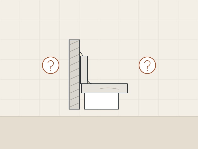 Illustration of a backsplash and vanity top in section between two question marks