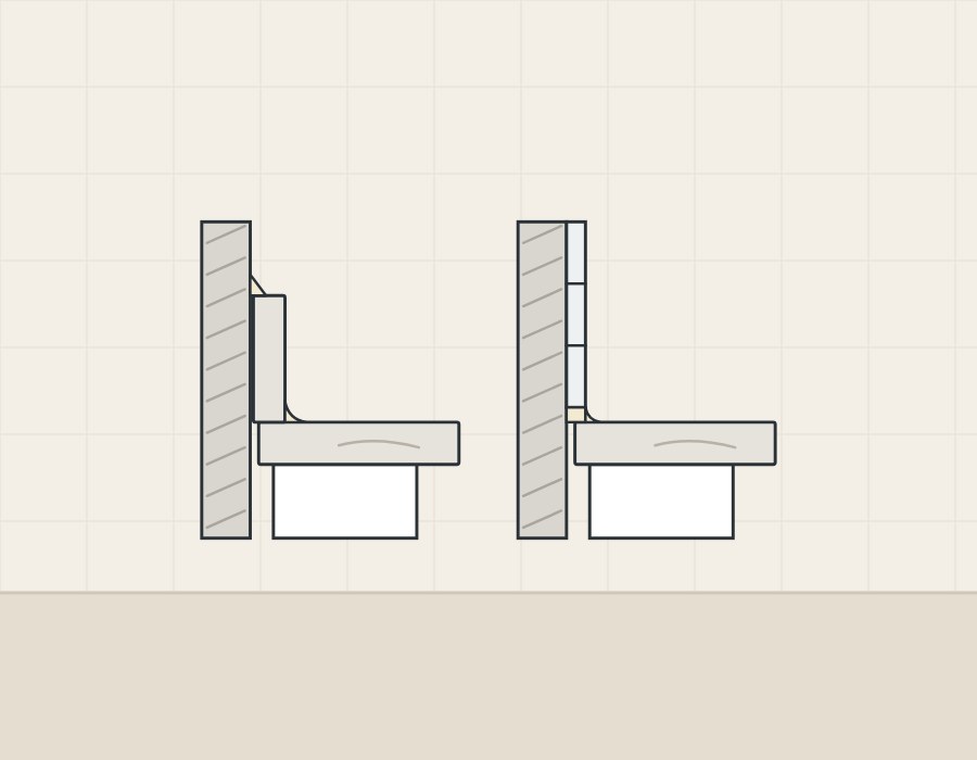 Illustration of two sections of a vanity top at a wall, one with a backsplash strip and one with wall tile running down to the top